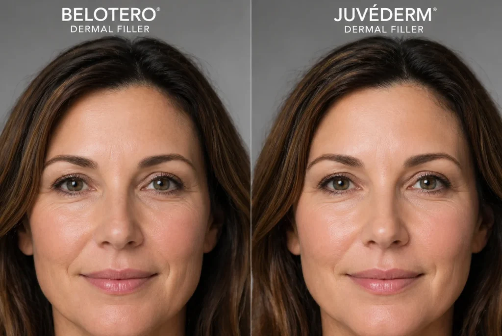 Belotero and Juvederm hyaluronic acid dermal filler syringes shown side by side for comparison