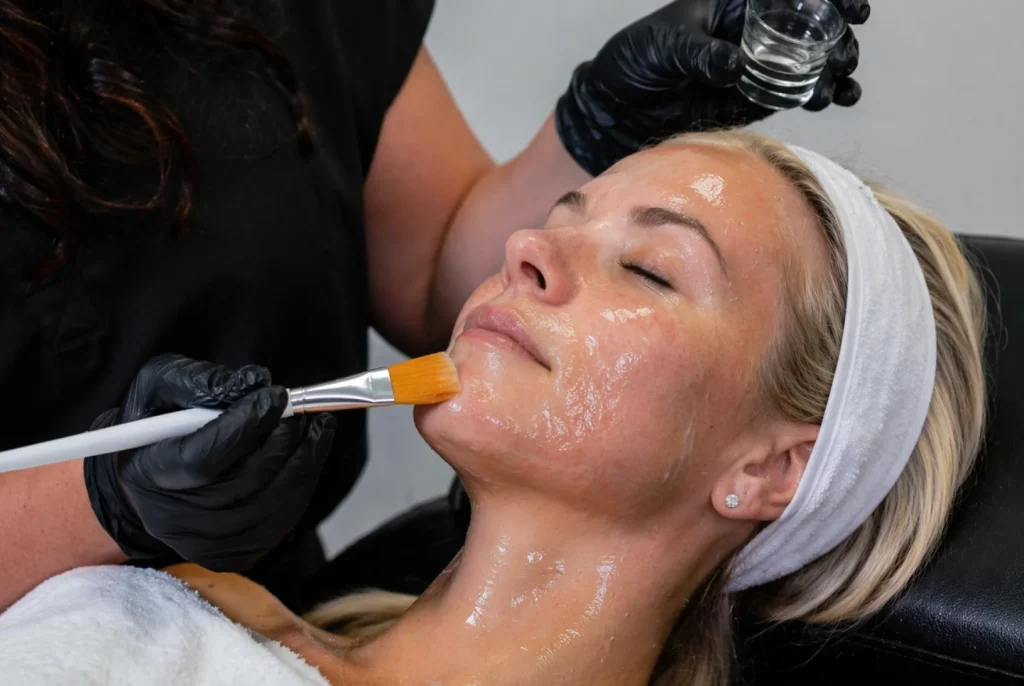 Aesthetic provider applying a professional chemical peel solution to a patient face