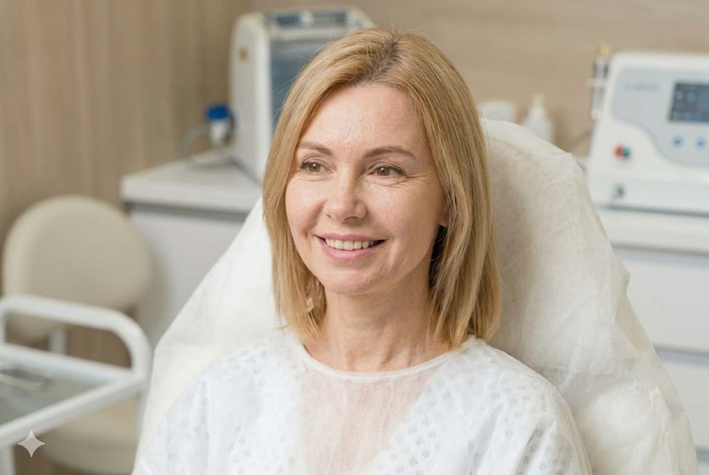 A woman in a white gown smiling while seated in a clinic treatment chair.