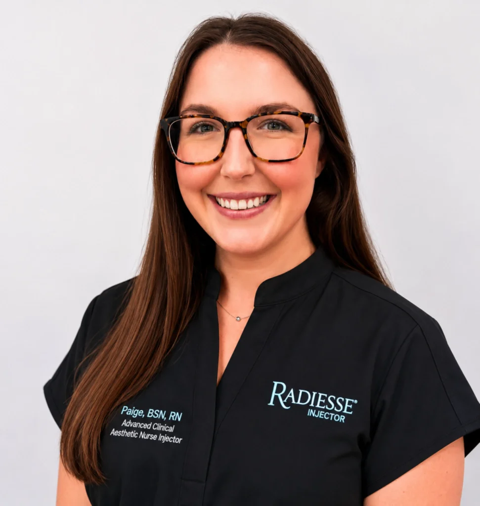 Paige Lambert, BSN, RN, lead nurse injector at the InjectCo Cleburne clinic, smiling in black scrubs and glasses