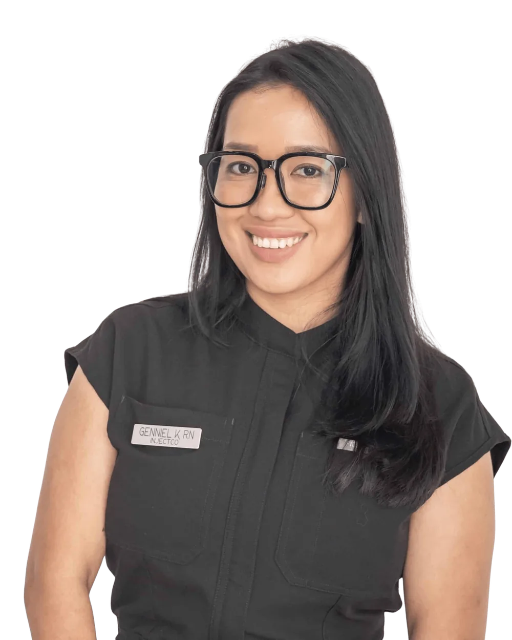 Geniel K, RN injector smiling and wearing black medical scrubs