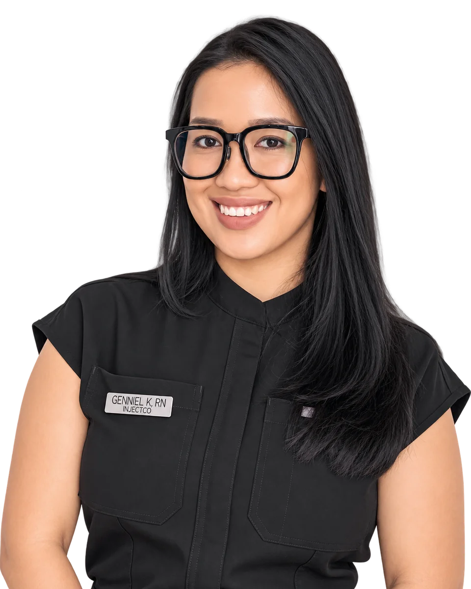 Genniel K, RN, InjectCo injector in black medical scrubs